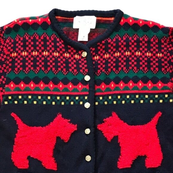 Vtg Tally-Ho Scotty Terrier Dog Cardigan Sweater Button Front Red Black Medium - Picture 5 of 12